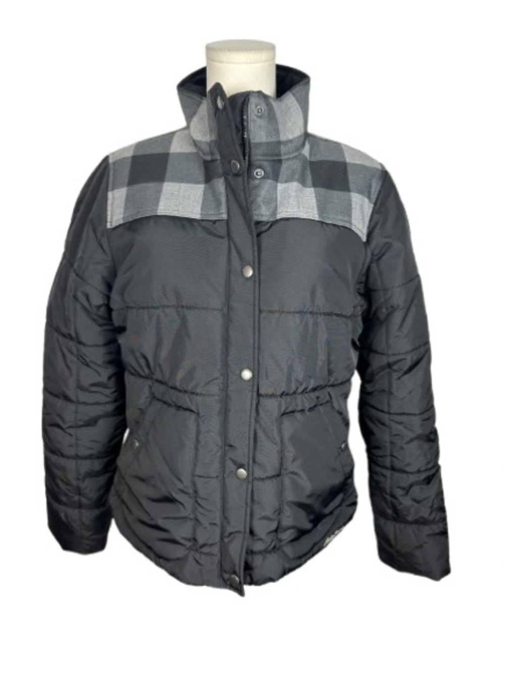 Eddie Bauer Black Puffer Jacket with Gray Plaid Yoke
